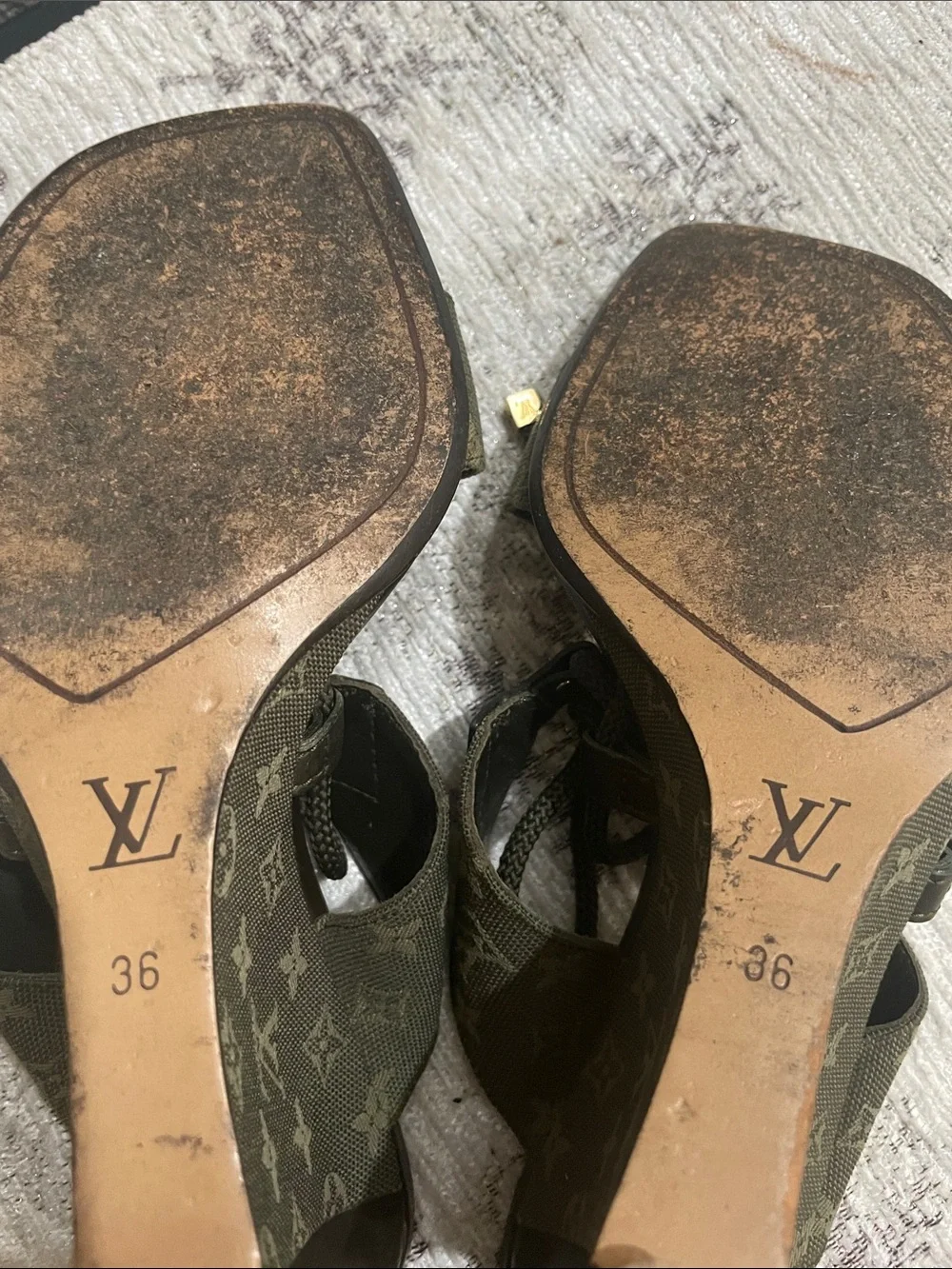 Louis Vuitton Olive Monogram Lace-Up Wedge Sandals with Gold Accents